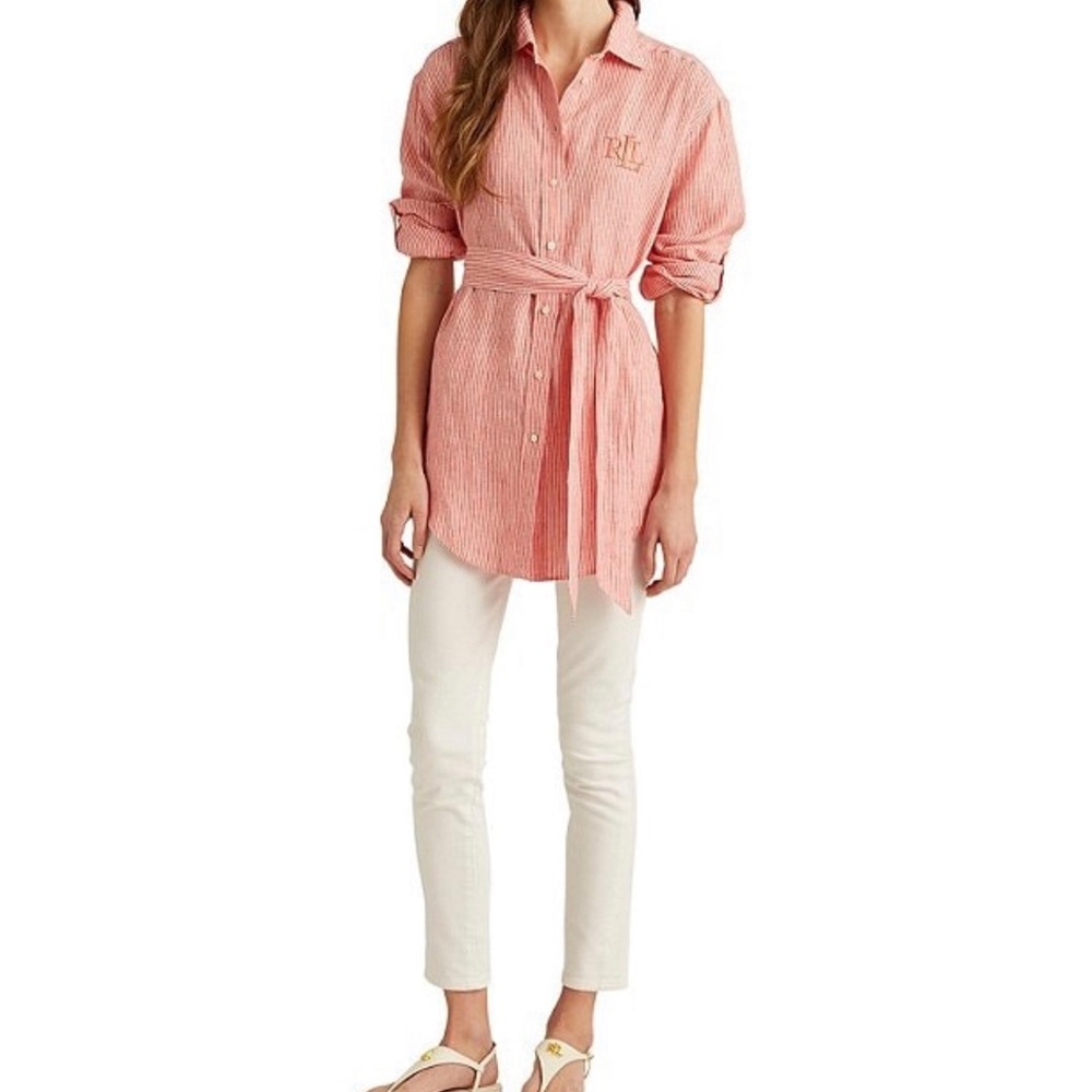 Lauren Ralph Lauren Striped Logo Linen
Tie Waist Button Front Shirt